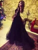 New Customize Black Design Lace Appliques Illusion Slit Evening Dresses Open Back Formal Party Gown Long Sleeve Prom Dresses