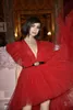 Red Hi-Lo Tulle Puffy Prom Dresses Ruffles Deep V-Neck Formal Evening Dress for Party Sweep Train Zipper Back vestidos
