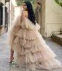 2020 Mulheres chiques Hi Low Tulle Saias Ruffled Sexy Tulle Vestidos Strapless Sheer Puffy Prom Vestidos Mulheres Maxi Long Party Dress With203x