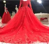 Red Suknie ślubne Księżniczka Suknie Balowe Nowoczesne Frezowanie Długie Rękawy Koronkowe Aplikacje Suknie Ślubne Petity Plus Size Custom Made