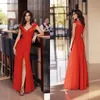 2021 Röd Satin Evening Dresses Front Split V Neck Minmaid Prom Klänning Formell Ladies Foor Long Runway Fashion Gowns