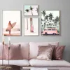 Pink Beach Flamingo Palma Tavola da surf Wall Art Canvas Pittura Nordic Poster e stampe Immagini a parete per soggiorno Decor4840253