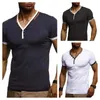 Striped Neck Imprimir Tees Verão Designer comprimento regular Manga Curta Tops Mens Painéis Botão T-shirt V