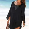 Gran oferta de talla grande cuello redondo encaje Patchwork Mini vestido de playa túnica Sexy para la playa 2020 vestidos cortos vestido Casual blanco negro vestido de mujer