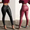 Hot Sale-Sexy Women Ladies Leather Skinny Mid Midist Leggings Stretchy Pencil Byxor Solid PU Läder Lång byxa Byxor