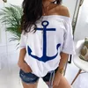 Fanbety women sexy off shoulder Two Piece Sets dress Boat Anchor Print Shirts Striped dress Sets Lady casual Ankle-Length dress