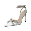 Runway-Stil Glitzer Strass Damen Pumps Kristall Schleife Satin Sommer Damenschuhe Echtes Leder High Heels Party Prom Schuhe