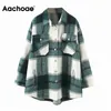 Aachoae Lossa Casual Ull Plaid Jacka Kvinnor Slå ner Krage Fashion Coat med fickor Höst Långärmad Dam Jackor Coats 200919