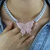 New 15mm Iced Out Bling CZ Cuban Link Chain Rose Gold Pink Butterfly Necklace Silver Color 2Row CZ Choker women Hip Hop jewelry