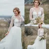 2021 Twee Stuk Land Trouwjurken Kant Applique Lange Mouwen Tule Sheer Juweel Hals Bedekte Knopen Terug Bruiloft Gown Vestido de Novia