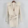 Oftbuy 2020 Real Fur Coat Vinterjacka Kvinnor Lös naturlig päls krage Cashmere Ullblandningar Ytterkläder Streetwear Oversize