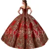 Off The Shoulder Voluminous Box Pleated Arched Quinceanera Dress Jupon Tarlatan Red and Gold Sparkle Metallic Sequined Lace Floor Length Skirt For Sweet 16 Party