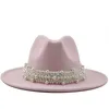 Hats Casual Women Leather Pearl Ribbon Felt Hat White Pink Yellow Panama Trilby Formal Party