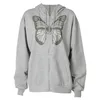 Y2K Butterfly Rhinestone Sweatshirt Kvinnor långärmad zip upp estetisk hoodie e-flicka 90-tals streetwear diamant långjacka höst