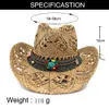 Cappello estivo in paglia fatta a mano all'uncinetto con erba salata naturale Cappello da sole da viaggio a tesa larga da cowboy occidentale traspirante da cowgirl