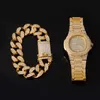 Hip Hop 20mm 3pcs مجموعة Miami Cuban Stain Bracelet Watch Watch Iced Out Rhinestons CZ CZ Netclaces for Men Jewelry Y202Z