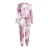 Fashion Tie-dye Print Women Sleepwear Set Long Sleeve O-Neck Tops + Lace Up Elastic Waist Pants Pajamas Set Home Lounge Clothing M2787