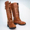 Nytt knä Hög Kvinnor Stövlar Höst Vinter Lace Up Vintage Flat Skor Sexig Steampunk Läder Retro Buckle Ladies Snow Boots 200916