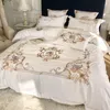 King Queen Size Comforter Cover Flat Fitted Bed Sheet set White Chic Embroidery 4Pcs Silk Cotton Wedding Bedding Sets Luxury Home 174g