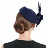 Stingy Brim Hats Women039s Hat Fedora Elegant för Cap Fascinator Blue Wool With Feather Royal Wedding Banket Prom Festival Bon7377417