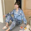 Flower Printed Sleepwear Womens Couple Pajamas Pijamas Women Satin Pyjama Woman Home Wear Silk Pyjama Set Home Suit Big Size Drops3553078