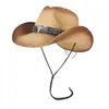 Kvinnor män ihåliga västra cowboy hatt lady sommar halm sombrero hombre strand cowgirl jazz sol hatt vind rep storlek 57-59cm218m