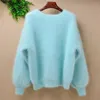 Elegant Fashion Fluffy short women winter 100% long mink cashmere angora fur warm lantern batwing long sleeves Pullover sweater LJ200917