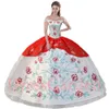 Off Shoulder Embroidery Equestrian Mexican Charra Quinceanera Dress Girls Debutante Ceremony Thick Satin Bodice and Overlay Tiered Organza Ruffles White and Red