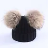 Madre Bambini Berretti Invernali Caldi Vera Pelliccia Pom Pom Beanie Cappello Lavorato A Maglia di Lana Per Le Ragazze Dei Neonati Pompon Palle di Procione Beanie Cap Cofano