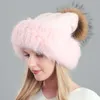 Beanie/Skull Caps FS 2021 Women Genuine Rex Fur Hats Winter Skullies Beanies Warm Soft Knitted Hat Real Raccoon Pompom Designer Bonnets1