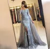 South African prata sereia Vestidos de noite com destacável overskirt manga comprida Lace apliques Formal Evening vestidos Side Dividir Prom Dress