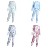 Fashion Tie-dye Print Women Sleepwear Set Long Sleeve O-Neck Tops + Lace Up Elastic Waist Pants Pajamas Set Home Lounge Clothing M2787