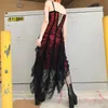 ロイスメッシュプリーツセクシーなストラップゴスドレス女性ダークガール夏赤黒の不規則なパッチワークデザイナーロングドレス2020