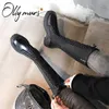 Olymurs Nieuwe Fashion Black Women Knie High Boots Poated Toe Side Zip Dikke Mid Hiel Dames Winter Warm Laarzen Schoenen Vrouw Z33L#