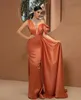 2021 Elegant Orange Mermaid Evening Dresses Illusion Sheer Neck Crystal Beading Prom Dress Satin Celebrity Runway Fashion Gowns