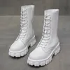 Bottes 2021 printemps femmes blanc automne mode cuir noir plate-forme gothique Punk Combat mi-mollet pour chaussures1