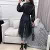 2020 Spring New Black Jackets Women Fashion Solid Color Long Mesh Gauze Stitching PU Leather Coat with Belt Female Jacket1