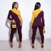 Plus size 2X Women fall winte knitted outfits long sleeve sweatshirt+pants contrast two piece set strethy tracksuits casual sportswear 3774