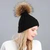 Beanie/Skull Caps FS Winter Warm Knitted Hats For Women With Real Raccoon Fur Pompom Green White Slouchy Cap Skullies Beanies Gorros Mujer
