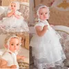 2021 Soft Tulle Christening Gowns For Cute Baby Girl Short Sleeve Appliques Baptism Dresses With Bonnet First Communication Dress