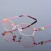 High Clear Anti Reflective Rhinestone Reading Glasses Women Pink Eyeglasses Diamond Cutting Rimless Presbyopic Eyewear New