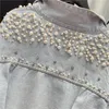 Autumn Heavy Beadin Outerwear Pearls Rhinestone Ripped Holes Washed Denim Jacket Women Basic Coat Female NZY57
