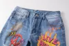 Unique Hommes En Détresse Imprimé Slim Fit Jeans Mode Ripped Graffiti Bleu Biker Denim Pantalon Grande Taille Moto Pantalon Hip Hop 19008