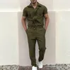 Summer Zipper Jumpsuit Streetwear Male Tracksuits Short Sleeve Solid Color Cargo Pants Set Jumpsuits Overalls M-2XL