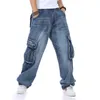 Jeans For Men Men's Plus size Skateboard Pants Straight-leg Motorcycle Jeans Men's Loose Blue with Big pocket3015