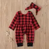 Xmas kids clothes girls boys Plaid Romper infant Christmas lattice Jumpsuits with Headband Spring Autumn fashion baby Climbing clothes