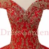 Glamorous Scarlet Red Sparkle Tulle Gold Embroidered Quinceanera Dress Off the Shoulder Sweep Train Glitter Sweet 16 Ball Gown