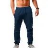 Pantaloni da uomo in cotone e lino Pantaloni lunghi sportivi Pantaloni Tasche elastiche Coulisse Maschile Solido Traspirante