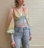 Sexy Frauen V-ausschnitt Bunte Taste Laterne Hülse Bluse Herbst Vintage Chiffon Tops Casual Streetwear Weibliche Druck Hemd 20201