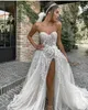 Sexig High Side Split 2021 Bröllopsklänningar Sweetheart Lace Appliqued Beaded Bridal Outfit Sommar En Linje Bröllopsklänning